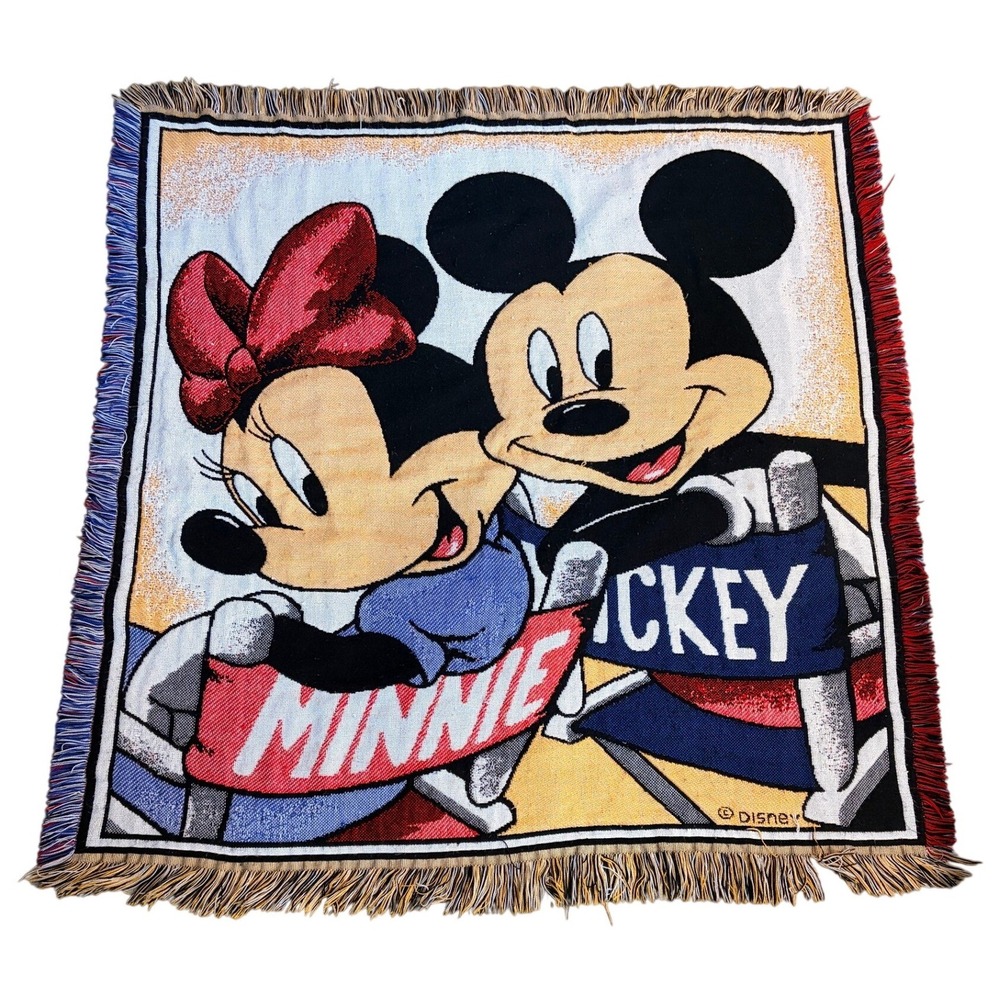 Vintage Disney Mickey and Minnie Mouse Woven Tapestry Throw Blanket Fringed Edge